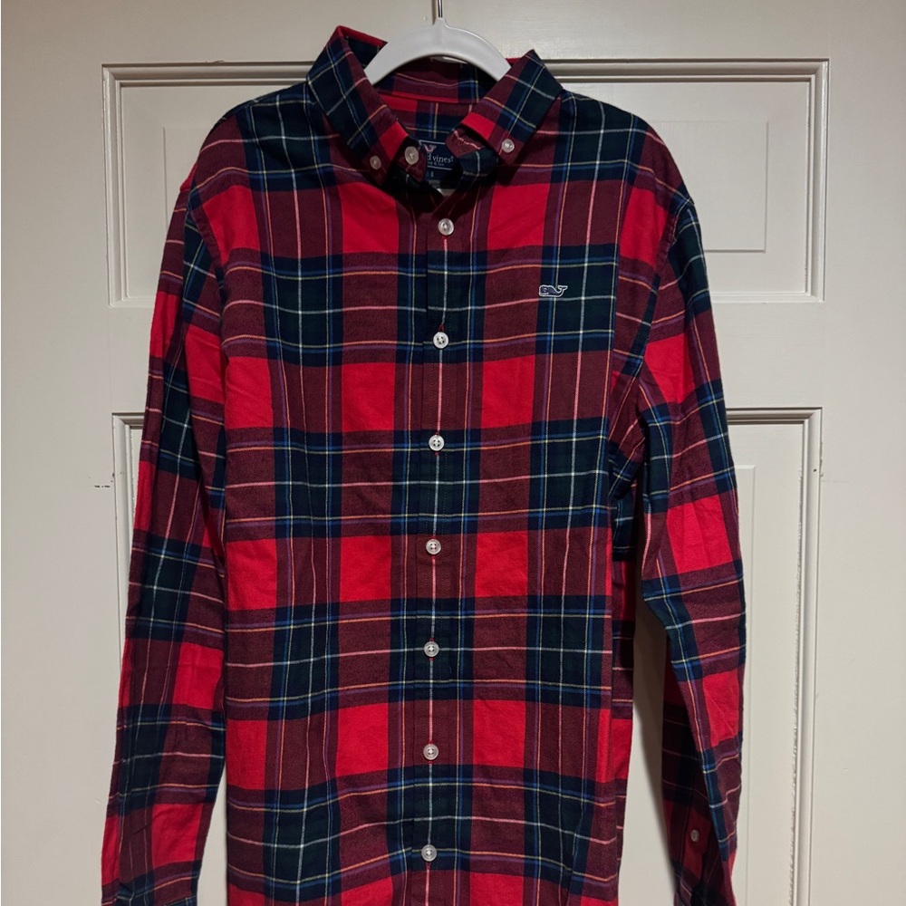 Vineyard Vines Red Greed & Navy Plaid Boy’s Large Shirt